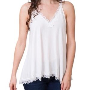 POL Elegant White Lace Trim  Detailed Flowy Cami  Layering Tank